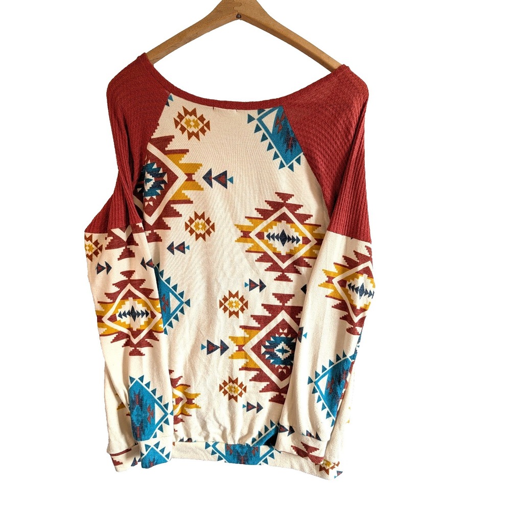 Womens L Pullover Aztec Western Boho Gemoetric Thermal Shoulder - Love Melody
